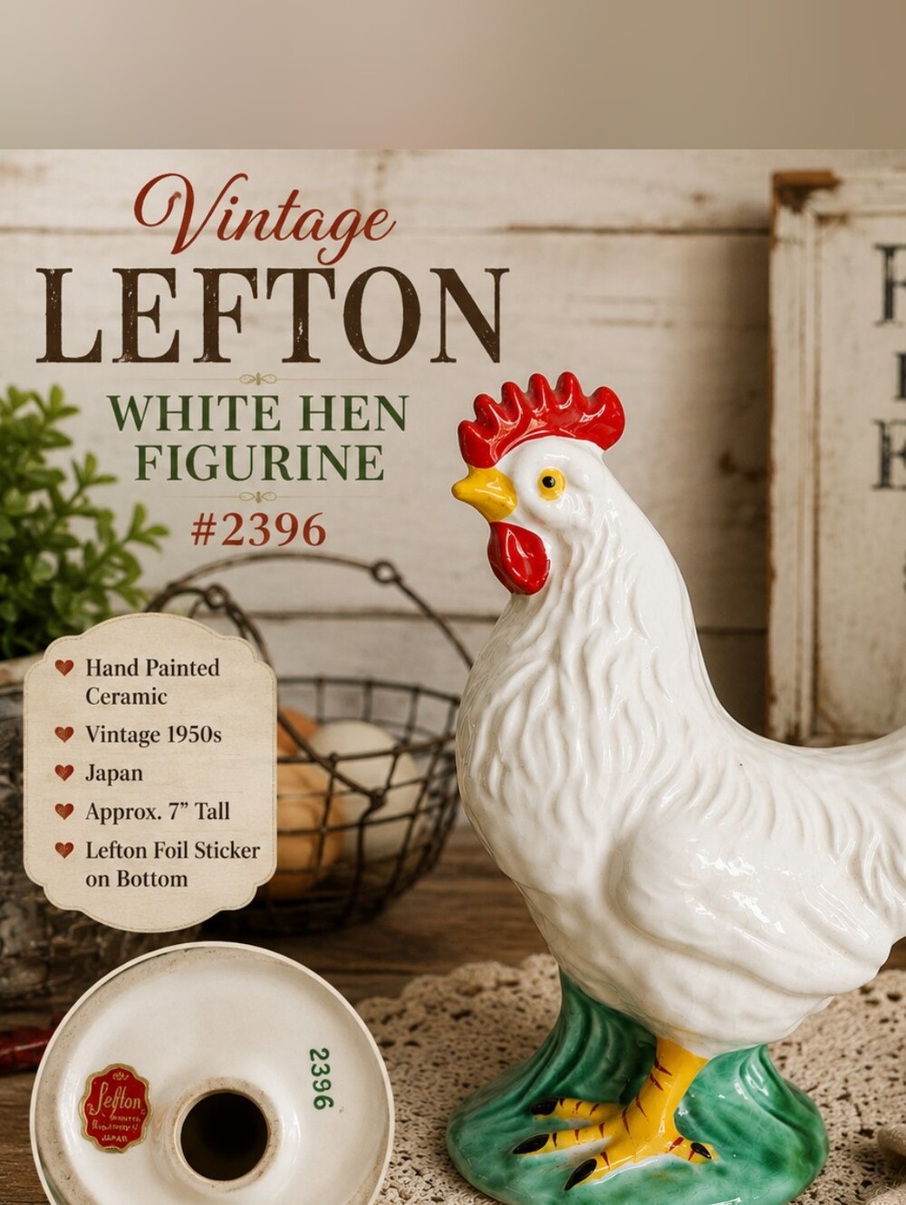 Vintage 1950s Lefton White Hen Chicken Figurine #2396 Hand Painted Japan